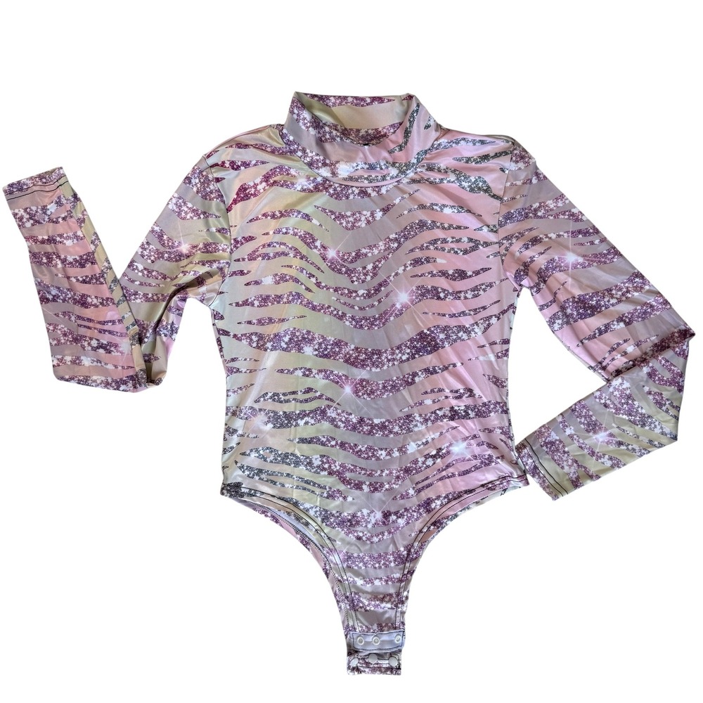 Womens Long Sleeve Festival Bodysuit Medium Pink Zebra Snap Crotch Rave‎ Party